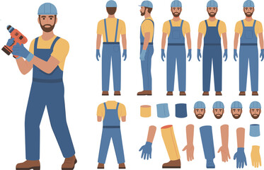Construction worker character creator set with drill, builder poses, tools, uniform, safety helmet, gloves, and editable animation parts, vector illustration