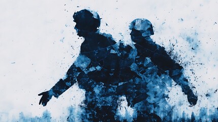 Abstract depiction of two soldiers in blue tones, suggesting themes of unity, struggle, and resilience against a backdrop of an urban landscape.