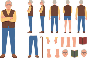 Elderly man character with glasses, brown vest and yellow shirt, senior gentleman standing with cane and book, vector illustration set