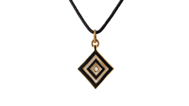 Geometric diamond shaped gold pendant with black enamel pattern on black cord necklace isolated on white background