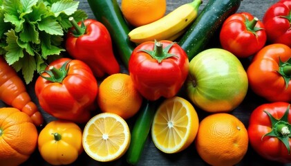 Assortment of bright fruits & vegetables in panoramic shot , photography, image, market