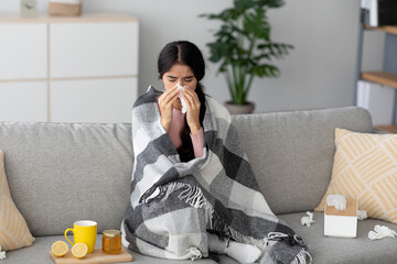 A sad millennial hindu lady wrapped in a plaid blanket sits on a sofa, feeling unwell with flu...