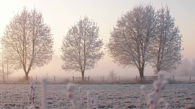 Trees coated in frost at dawn in field with fog, evoking serenity and winter beauty for print