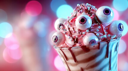 Fototapeta premium A Surreal Dessert Creation Featuring a Whimsical Ice Cream Sundae Topped with Edible Eyeballs and Colorful Decorations for an Unforgettable Experience