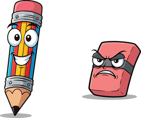 Cartoon pencil and eraser characters, colorful striped pencil smiling, angry pink eraser, stationery conflict, school humor, education concept, isolated white background