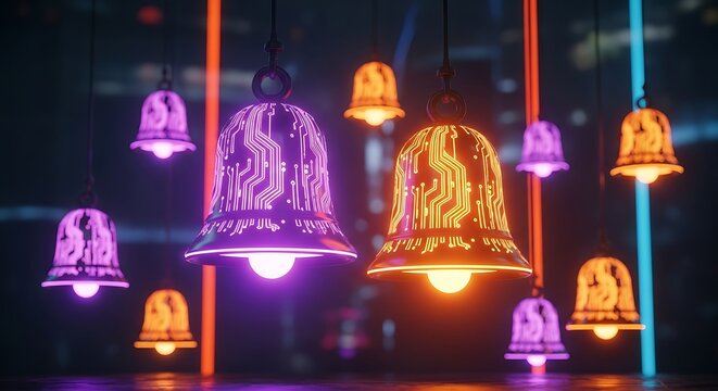 Glowing christmas bells with circuit board patterns hanging in a festive and modern arrangement