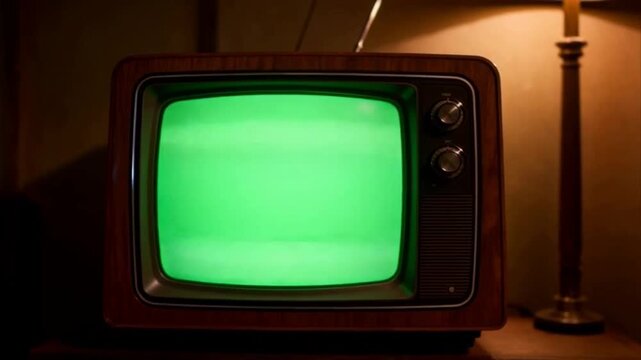 A vintage television set turning on with a glowing green screen, perfect for video masking or chroma key effects, perfect for world television day