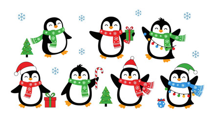 Seven cartoon penguins celebrate winter with hats scarves gifts candy cane lights and fir trees