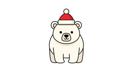 A cute polar bear with a red and white Christmas hat stands against a white background