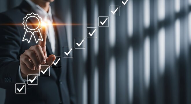 Business professional awarding excellence with quality control checks and certification icon signifying success and achievement in a corporate setting