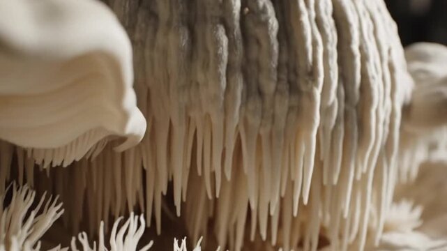 Close Up of Creamy White Mushroom with Stringy Texture and Small Bushes with a Dark Background Soft Lighting and Complex Textures for Adobe Stock