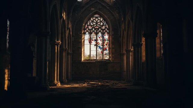 Sunlit stained glass window in old gothic church, stone architecture with pillars. Interior of dilapidated building, architecture detail.