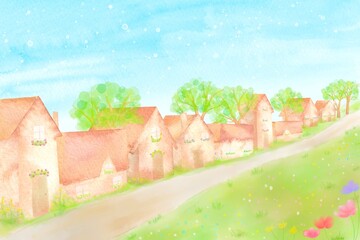 緑あふれる豊かな街並みの水彩イラスト。SDGs。サステナブル。