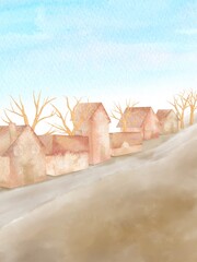 緑が失われた寂しい街並み。環境破壊。縦型水彩イラスト。