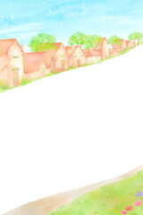 緑あふれる豊かな街並みの縦長フレーム。持続可能な社会をテーマにした水彩イラスト。