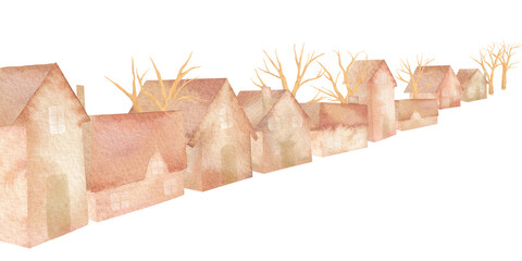 荒廃した街並みと枯れ木のイラスト。水彩切り抜き素材。