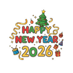 Fototapeta premium Happy New Year 2026 illustration with Christmas tree and festive decorations