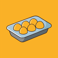 Illustration of a gray egg carton with six bright yellow eggs set against a solid orange background. The style is simple and playful.
