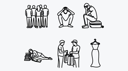 Line art illustration representing various aspects of modern life events