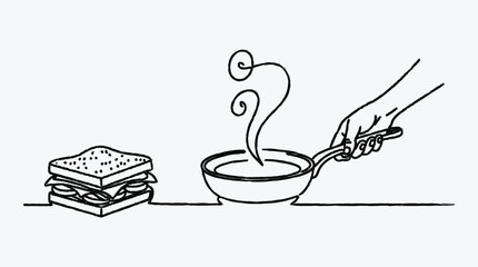 Minimalist line drawing of cooking process with sandwich and frying pan