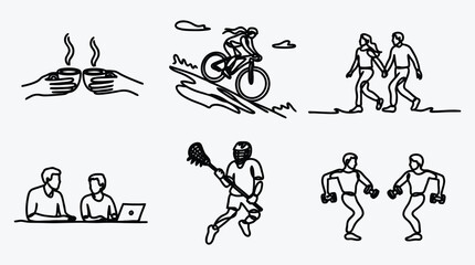 Monochrome line art illustration showcasing diverse activities and interaction scenes