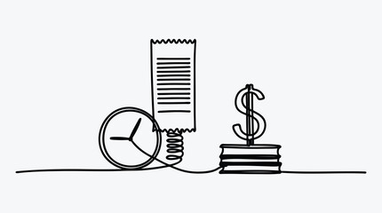 One line drawing of clock receipt and dollar sign concept design