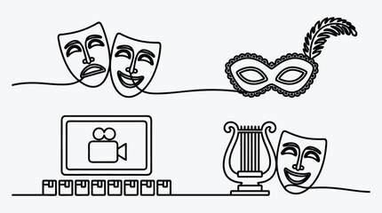 One line drawing of theatre arts including drama music and film