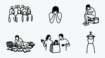 Set of line art illustrations depicting different human emotions and situations
