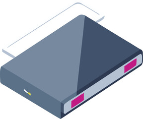 Isometric illustration of a dark gray scanner with pink buttons and a light gray tray, conveying a modern, minimalist design.