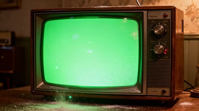 An old vintage television switches on, revealing a glowing green screen suitable for chroma key and video compositing, creating a nostalgic retro feel, perfect for world television day