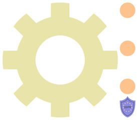 Large gear alongside GDPR shield with three orange dots. Ideal for compliance, security, legal data, regulation, privacy, technology workflows, management concepts. Simple flat metaphor