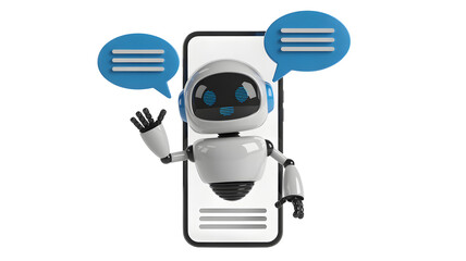 Friendly chatbot assistant waves hello from a smartphone screen with chat bubbles
