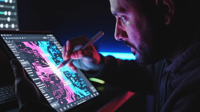 Man Drawing Electronic Circuit Design on Tablet With Digital Pen