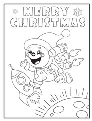 Cheerful Elf Flying in Space with Rocket. Merry Christmas Coloring Page for Kids and Adults. Space-Themed Holiday Coloring Sheet for Children