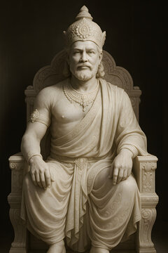 Regal marble statue of King Dasharatha seated on a throne, symbolizing royal dignity, wisdom, and fatherhood from the Hindu epic Ramayana