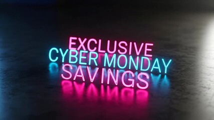 Neon text cyber monday savings promotion against a dark backdrop - Powered by Adobe