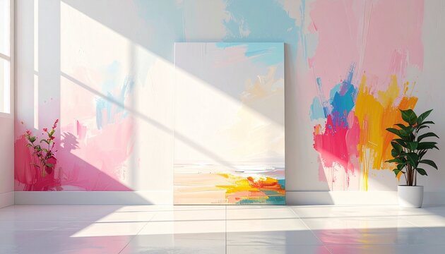 Bright and airy room with abstract art on the wall and potted plant in natural light