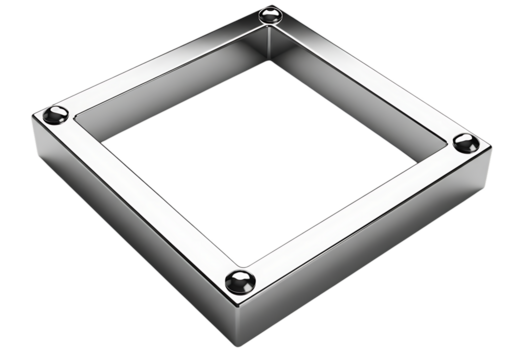A metallic square frame with rounded corners and visible screws isolated on transparent background