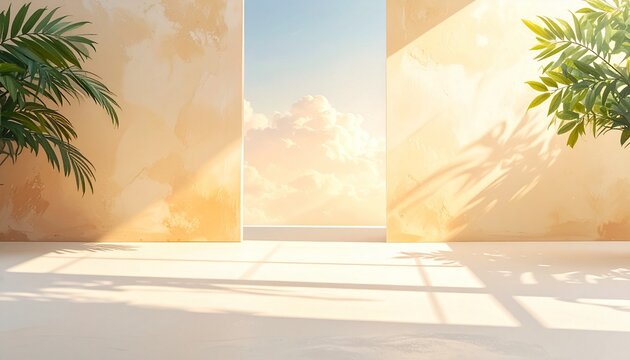 Modern minimalist empty room with sunbeam and shadows from plants, providing a serene backdrop against a beautiful sky