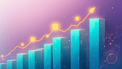 Abstract Blue Bar Graph with Luminous Yellow Trend