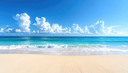 Obraz premium Surfboard standing on sandy beach with palm tree and ocean waves under bright blue sky and fluffy clouds