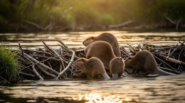 Group of beavers building dam on river at sunset, animal and nature scene.