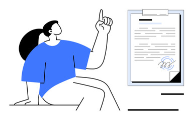 Individual gestures confidently near a signed document on a clipboard. Ideal for approval, contracts, agreement, validation, paperwork, legal process, decision-making. Clean simple flat metaphor