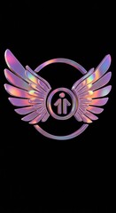 Obraz premium Stylized emblem featuring holographic wings and a central stylized human figure icon against a dark background