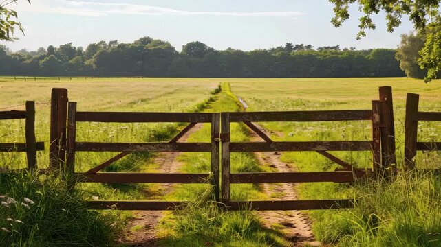 Wooden gate opening to lush green field under partly cloudy sky