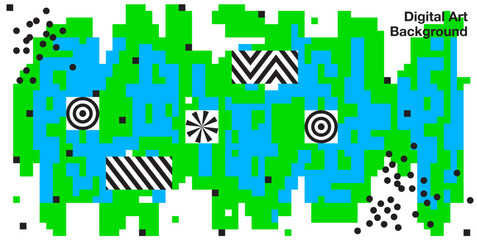 abstract digital art background with geometric shapes and pixel pattern in green and blue color blocks with black and white optical illusion elements for modern design and creative poster layout