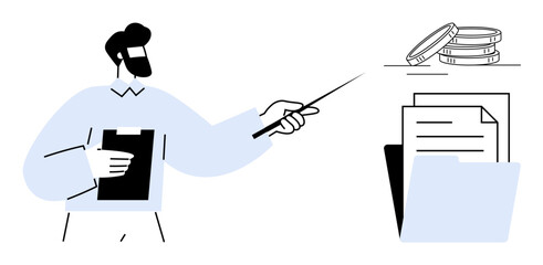 Man holding clipboard pointing at stack of coins, papers, and folder. Ideal for finance, budgeting, planning, analysis, management strategy organization. Minimalist flat metaphor