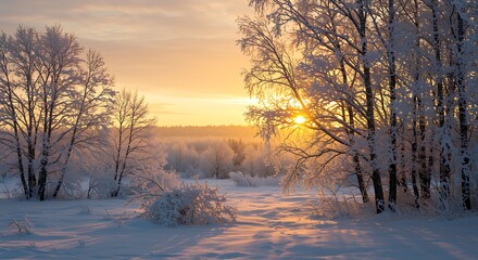 Frosted trees golden sunrise winter landscape snow