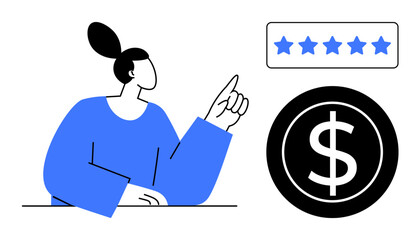 Woman gesturing toward 5-star rating and dollar icon, symbolizing quality, customer satisfaction, and profit. Ideal for business, marketing, e-commerce, feedback finance service success. Simple