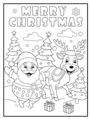 Jolly Santa Claus and Reindeer Coloring Page for Kids and Adults. Cute Christmas Activity Sheet for Children. Fun Holiday Printable